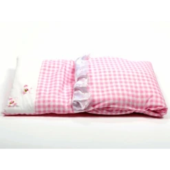 Houten Poppenwagen Pink 5 Houten Poppenwagen Pink -Kinder Speelgoeds Winkel dekje roze geruit met 2 bloempjes 2