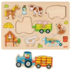 Goki Houten Noppenpuzzel Boerderij+Traktor -Kinder Speelgoeds Winkel goki 57468 noppenpuzzel traktor met aanhangwagens